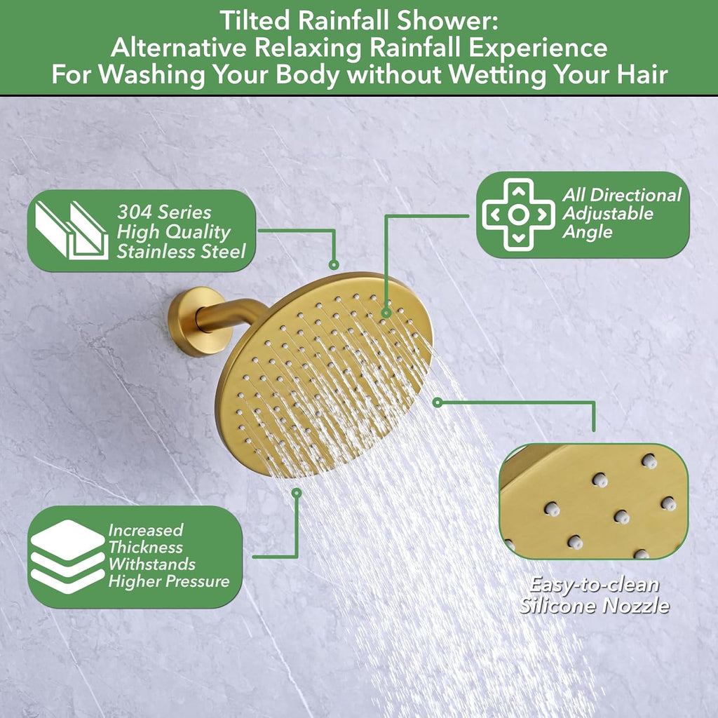 VANFOXLE Shower Faucet Set Brushed Gold Shower System,Push Button Diverter Shower Faucet with 2 in 1 Handheld,Wall Mount 8 Inch Shower Head with 9 Inch Bathtub Waterfall Spout