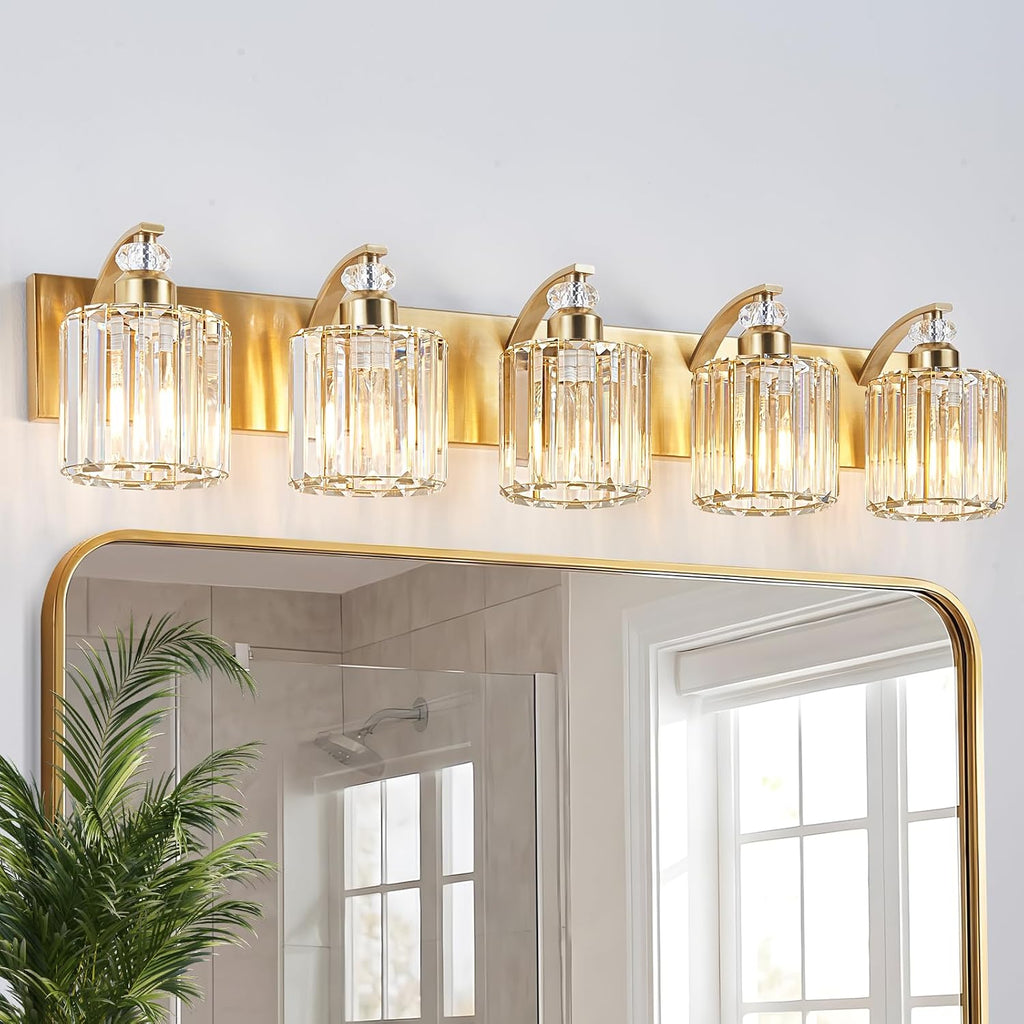 5-Lights Brushed Brass Bathroom Light Fixture Gold Vanity Lights Modern Crystal Bathroom Vanity Lighting Over Mirror Wall Sconce with K9 Crystal Shade E26 Base for Living Room, Bedroom Wall Lamp