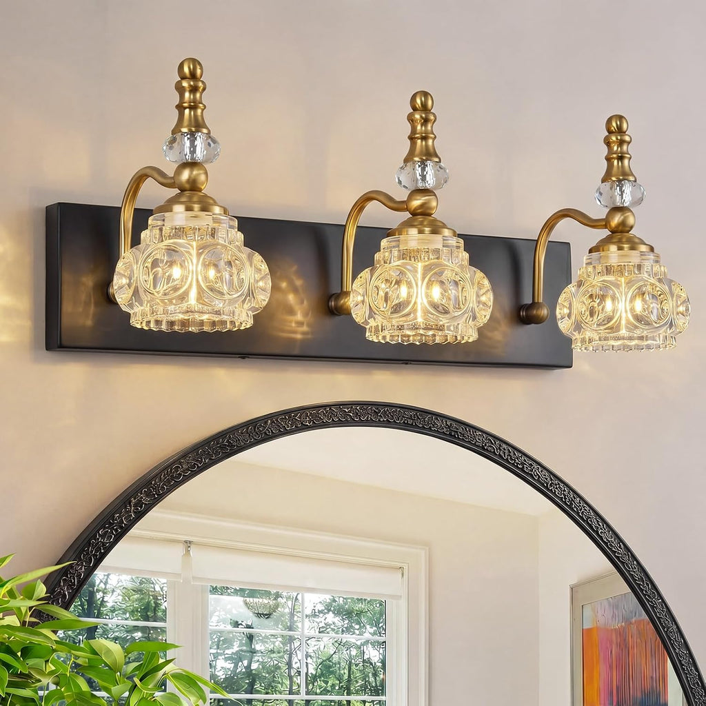 Bathroom Light Fixtures, Modern Glass Crystal Vanity Light Vintage Bathroom Lighting Fixtures Over Mirror 3 Light Vanity Lights G9 Bulb (19.68 Inch, Black Gold)