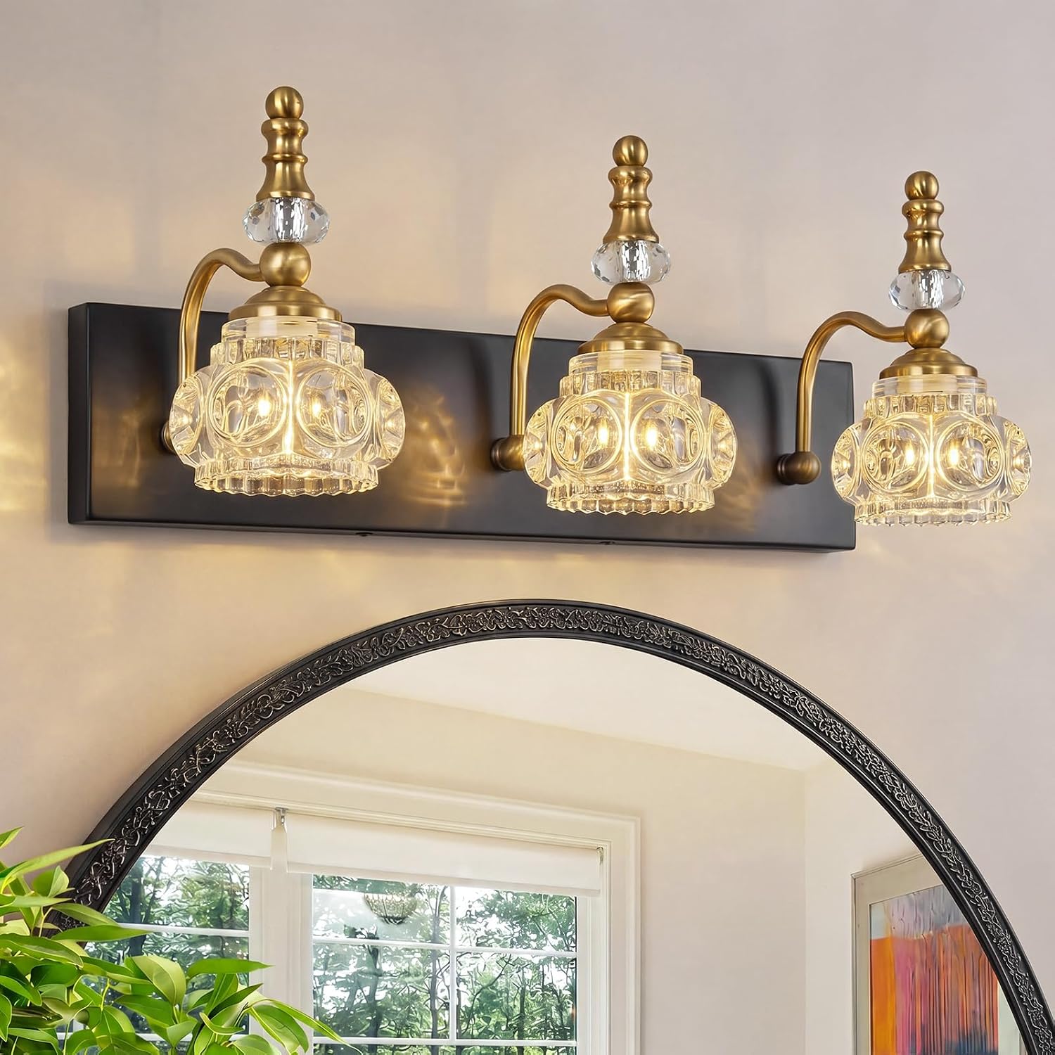 Bathroom Light Fixtures, Modern Glass Crystal Vanity Light Vintage Bathroom Lighting Fixtures Over Mirror 3 Light Vanity Lights G9 Bulb (19.68 Inch, Black Gold)