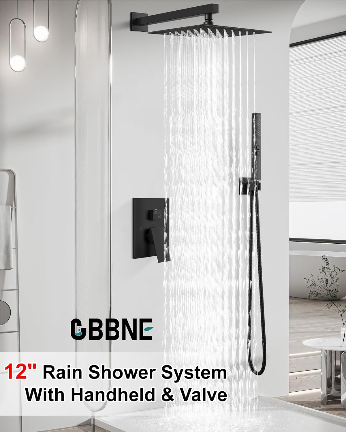 Shower Faucet Set Rainfall Shower System with Square Showerhead and Handle Set Fixture with 2 in 1 Function Handheld Sprayer Wall Mounted Trim Repair Kit Rough-in Valve 12 Inch Matte Black
