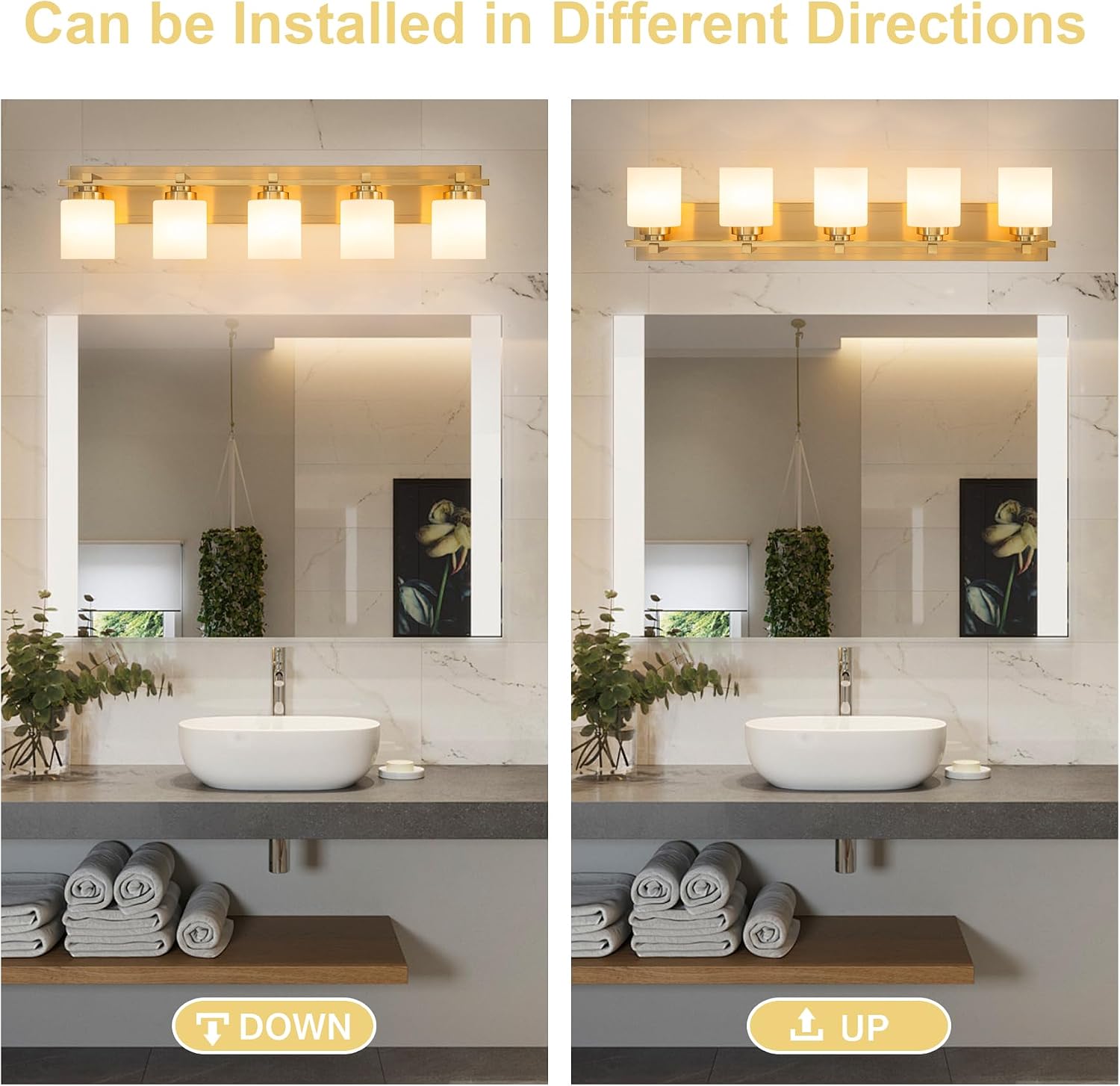 Modern Bathroom Light Fixtures Over Mirror, Vanity Lights for Bathroom Wall Sconces with Milky White Glass Shades, E26 Socket (Bulbs Not Included), 5 Light, Brass