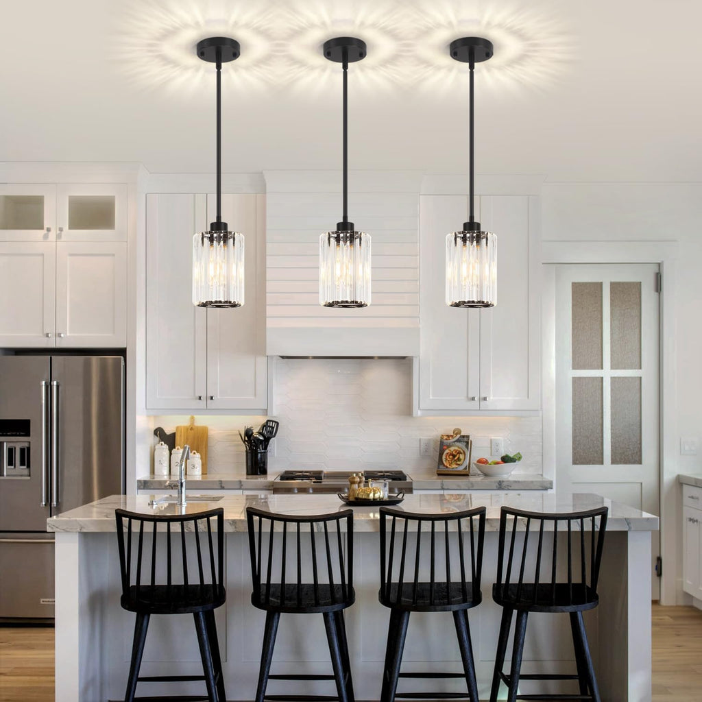 3 Pack Black Pendant Lights Kitchen Island, Modern Crystal Pendant Lighting Over Island, Hanging Kitchen Light Fixtures, Adjustable Mini Pendant Light for Bathroom Dining Room Hallway