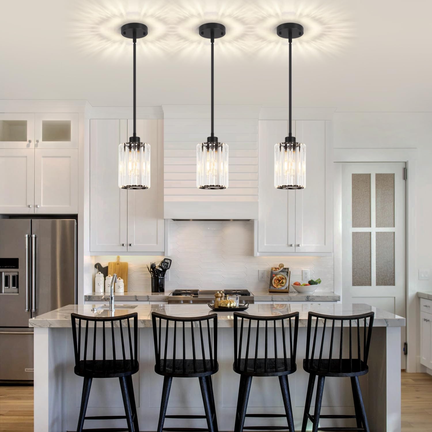 3 Pack Black Pendant Lights Kitchen Island, Modern Crystal Pendant Lighting Over Island, Hanging Kitchen Light Fixtures, Adjustable Mini Pendant Light for Bathroom Dining Room Hallway