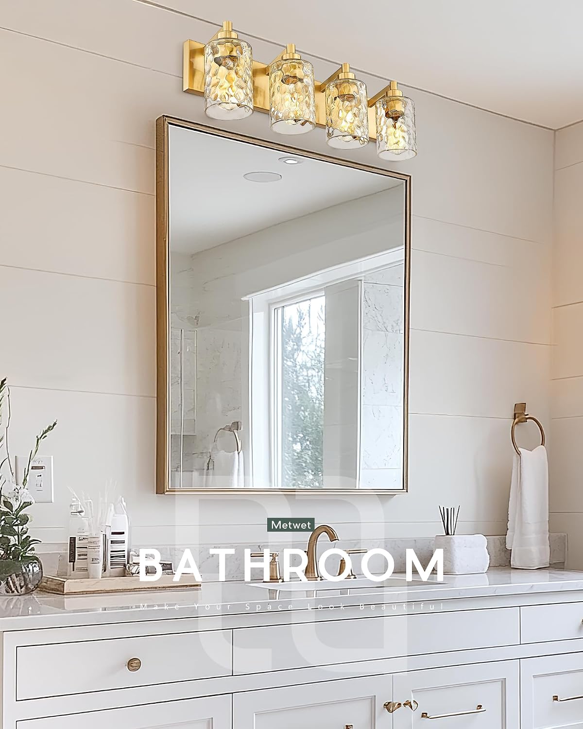 4-Light Bathroom Light Fixtures, 24.5 Inch Brushed Gold Vanity Lights with Clear Hammered Glass Cylinder Shade, Modern Vanity Lighting Fixture Over Mirror, VL198-BG-4