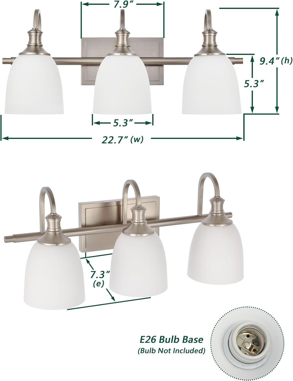 3 Light Brushed Nickel Vintage Bathroom Vanity Light Fixtures | Vintage, 3-light Bathroom vanity light, living room light, over mirror, over table, Brushed Nickel