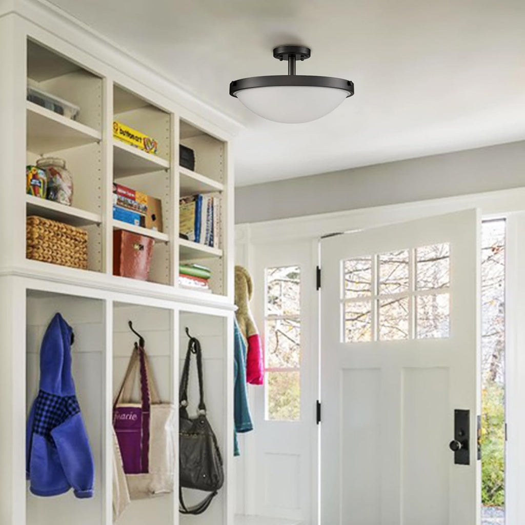SAMTEEN Farmhouse Black Semi Flush Mount Ceiling Light Modern 3-Light Frosted Glass Ceiling Light Fixtures Matte Black Flush Mount Light for Hallway Bedroom Kitchen Bathroom, 16-Inch