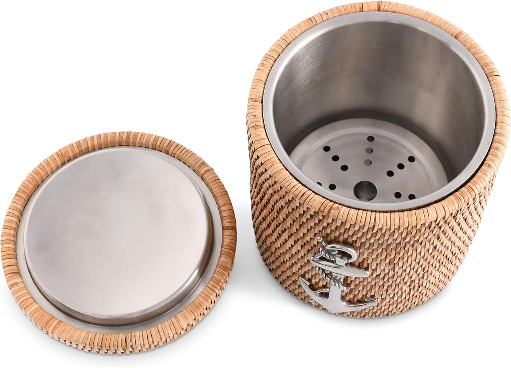 Vagabond House Inspiring Beach Essentials - Luxury Double-Walled Wicker Rattan Ice Bucket with Pewter Metal Anchor, Durable Outdoor Cooler Side Table for Beach House Coastal Boating Lidded ice cooler