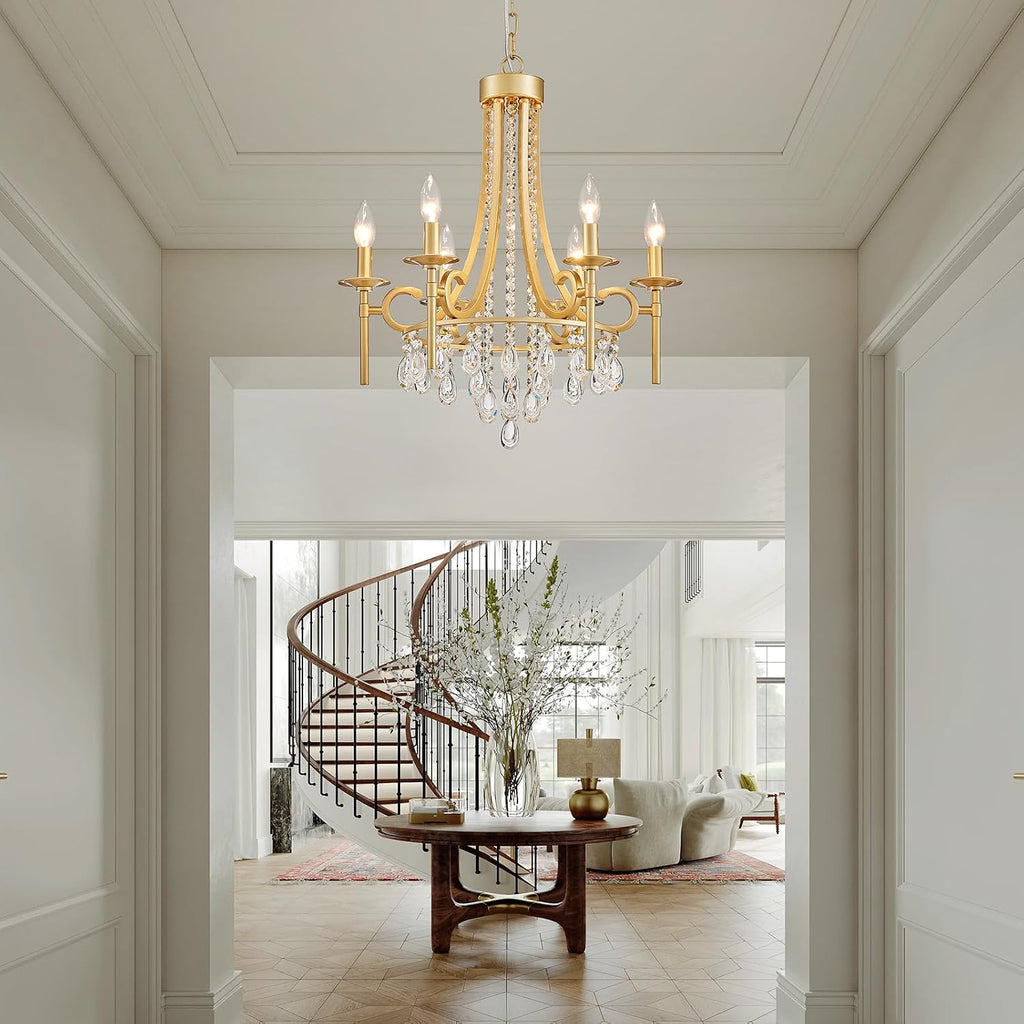 Modern Crystal Chandeliers for Dining Room, 6-Lights Gold Round Chandelier for Entryway, Crystal Chandelier Pendant Ceiling Lighting Fixture for Living Room Bedroom Kitchen Island Foyer Staircase
