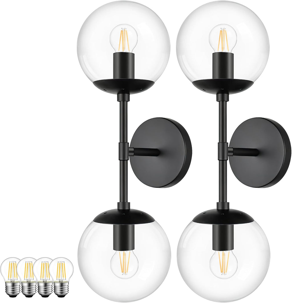 KoKo&Yukina 2 Pack Mid Century Modern Bathroom Vanity Light Matte Black Vanity Lighting Fixtures Modern Wall Sconce 2-Lights Globe Vanity Light with Clear Glass Shade for Bathroom(Bulb Incl.)