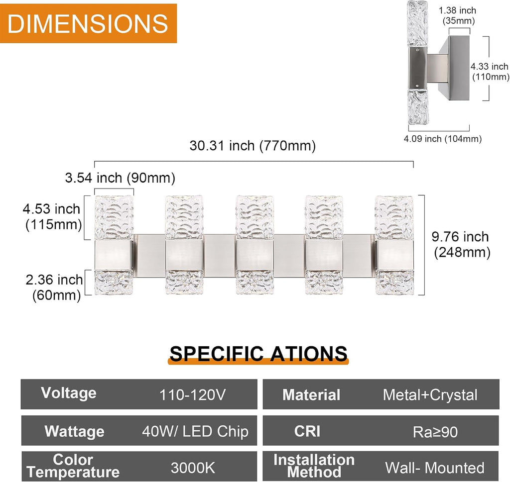 5-Light LED Brushed Nickel Bathroom Vanity Light Fixtures,40W Modern Wall Mounted Lights with Crystal Lampshade Vanity Wall Lamp for Mirror Hallway