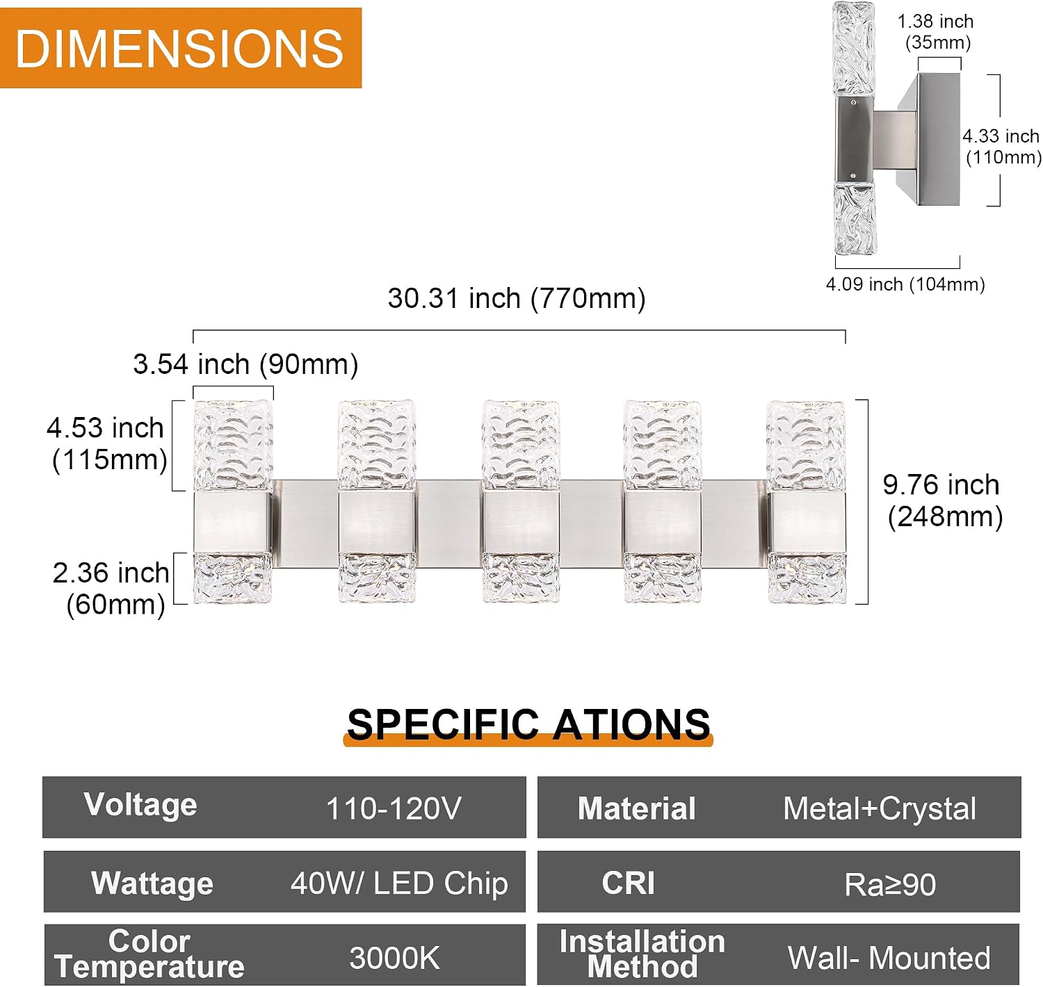 5-Light LED Brushed Nickel Bathroom Vanity Light Fixtures,40W Modern Wall Mounted Lights with Crystal Lampshade Vanity Wall Lamp for Mirror Hallway