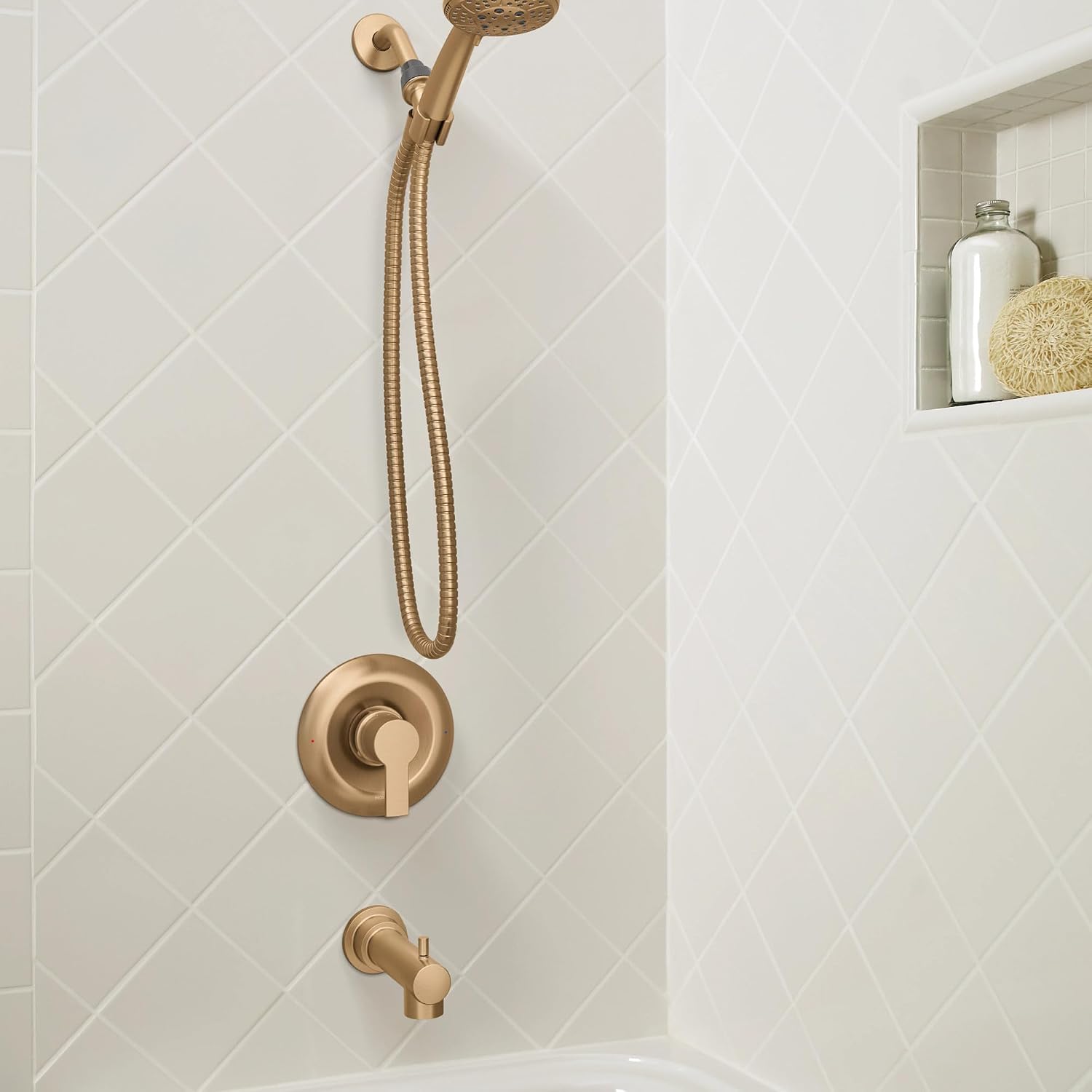Moen 82618BZG Meena Single-Handle Tub and Shower Faucet with Handshower, Valve Included, Bronzed Gold, Pressure-Balancing Shower System
