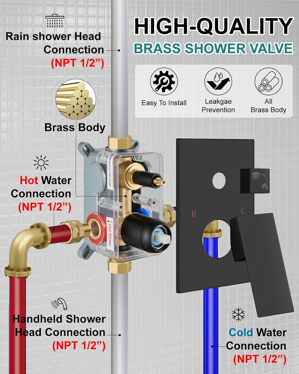 Shower Faucet Set Rainfall Shower System with Square Showerhead and Handle Set Fixture with 2 in 1 Function Handheld Sprayer Wall Mounted Trim Repair Kit Rough-in Valve 12 Inch Matte Black