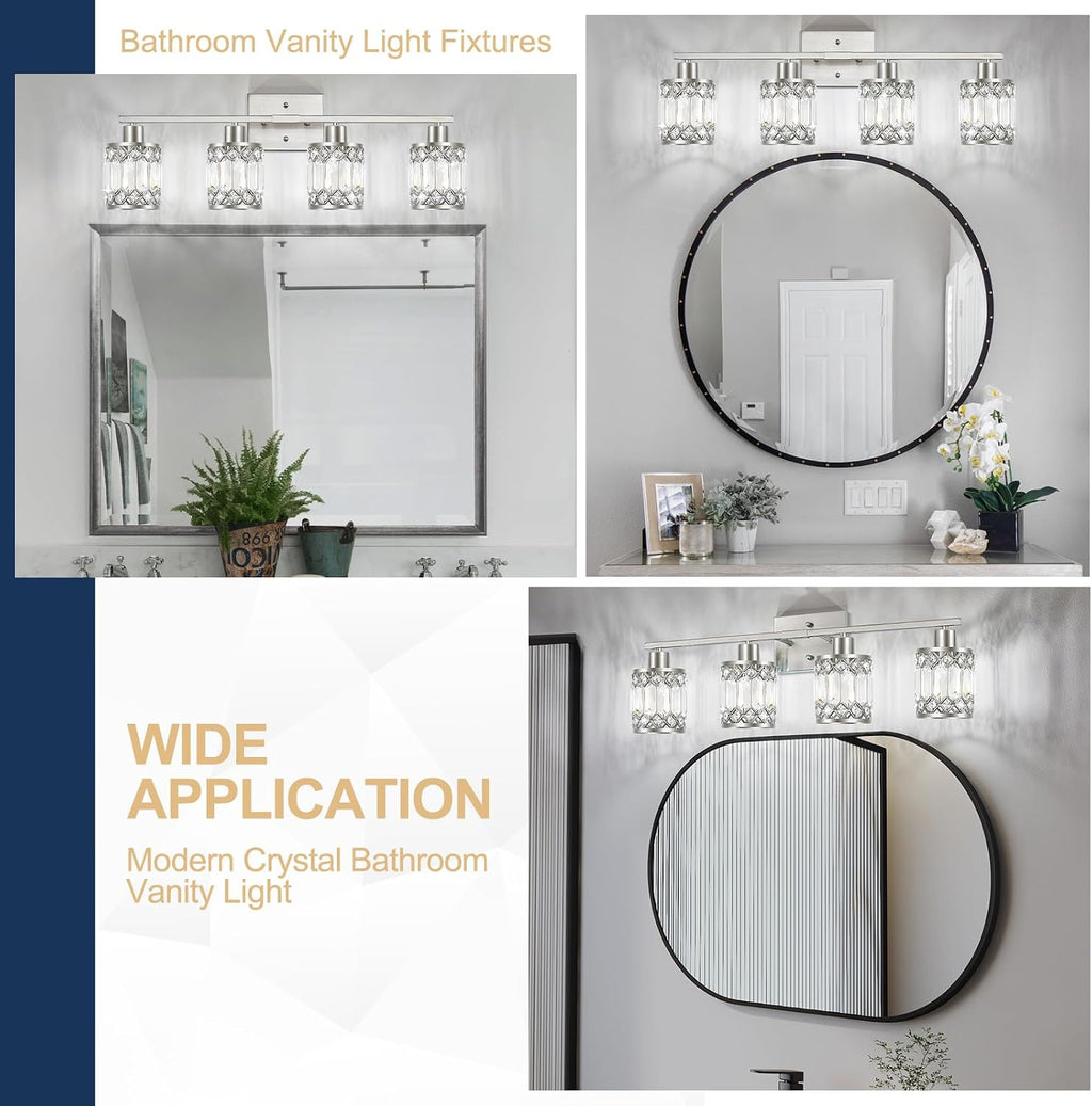 Crystal Modern Bathroom Light Fixtures, 4-Light Brushed Nickel Bathroom Vanity Wall Light, Vanity Lights for Mirror, Restroom, Bedroom (E26 Socket, Bulbs Not Included)