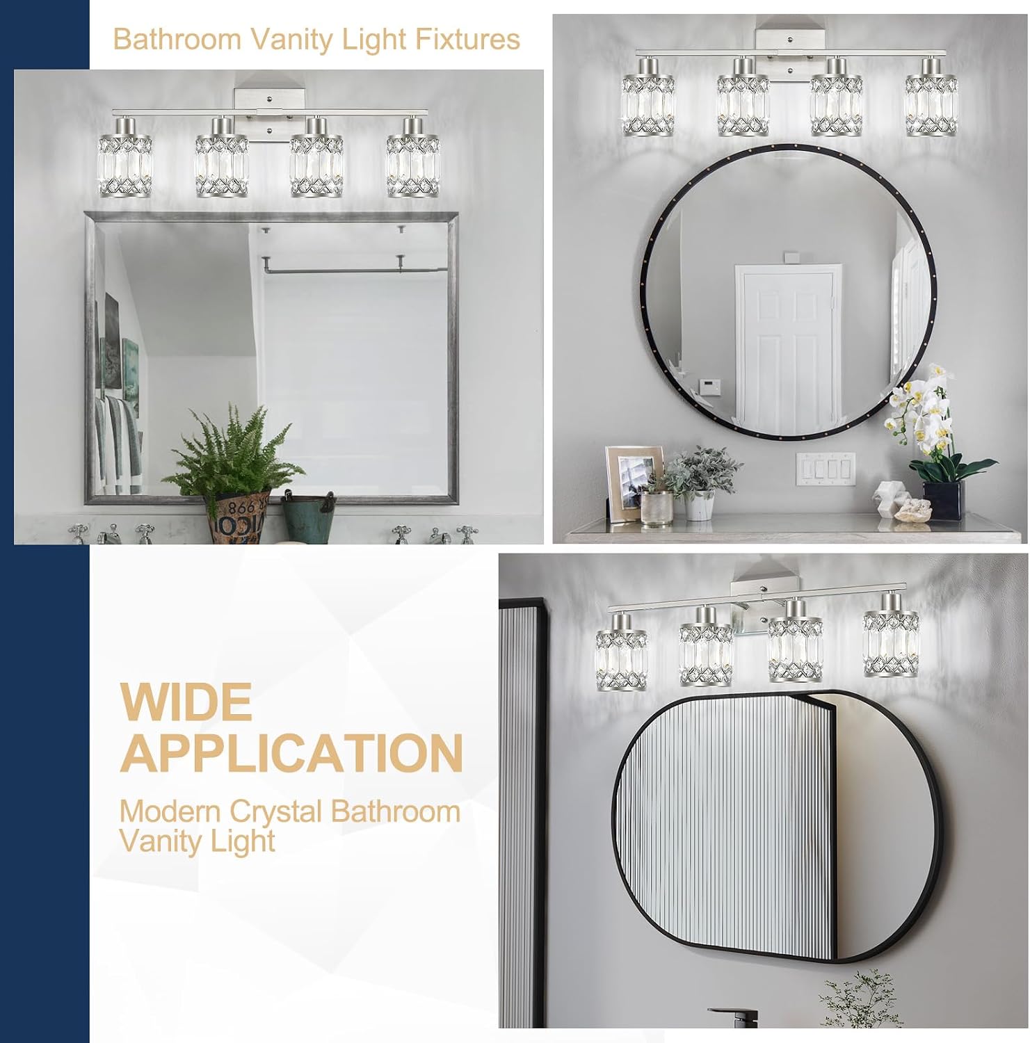 Crystal Modern Bathroom Light Fixtures, 4-Light Brushed Nickel Bathroom Vanity Wall Light, Vanity Lights for Mirror, Restroom, Bedroom (E26 Socket, Bulbs Not Included)