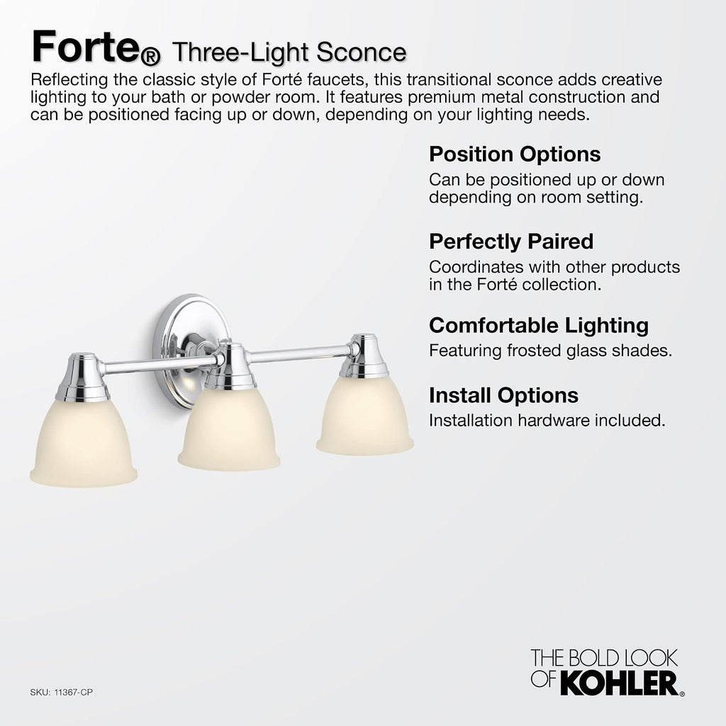 Kohler 11367-BLL Forte Bathroom Vanity Fixture, Wall Sconce Lighting, Position Facing Up or Down, UL Listed, 3, Matte Black