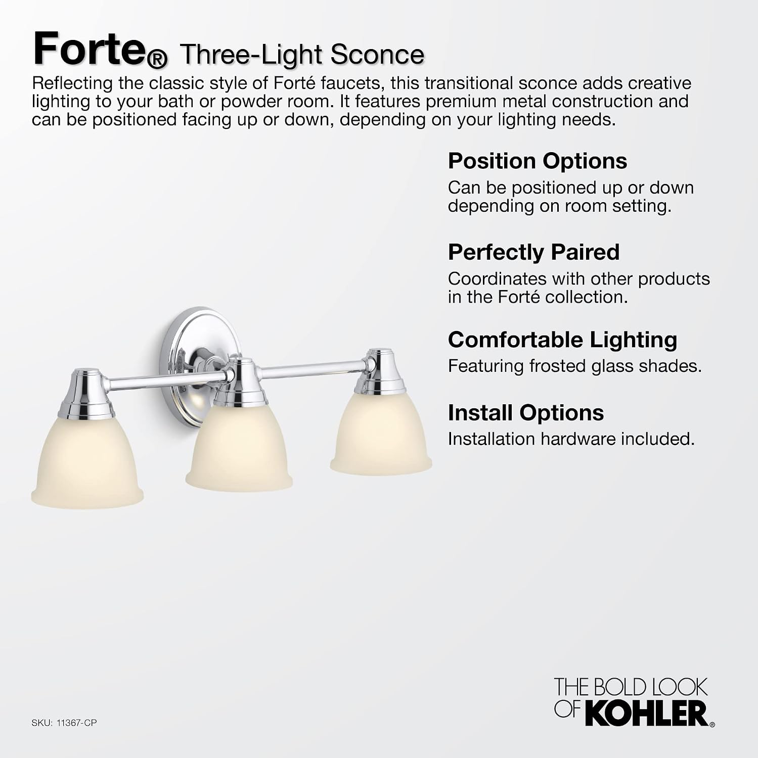 Kohler 11367-BLL Forte Bathroom Vanity Fixture, Wall Sconce Lighting, Position Facing Up or Down, UL Listed, 3, Matte Black