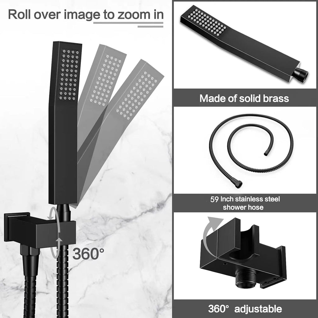 Rain Shower System 12 Inches Shower Head with Handheld Combo Set for Bathroom,High Pressure Rainfall Shower Faucet Set Wall Mounted,Rough-in Valve and Trim Kit(Matte Black)