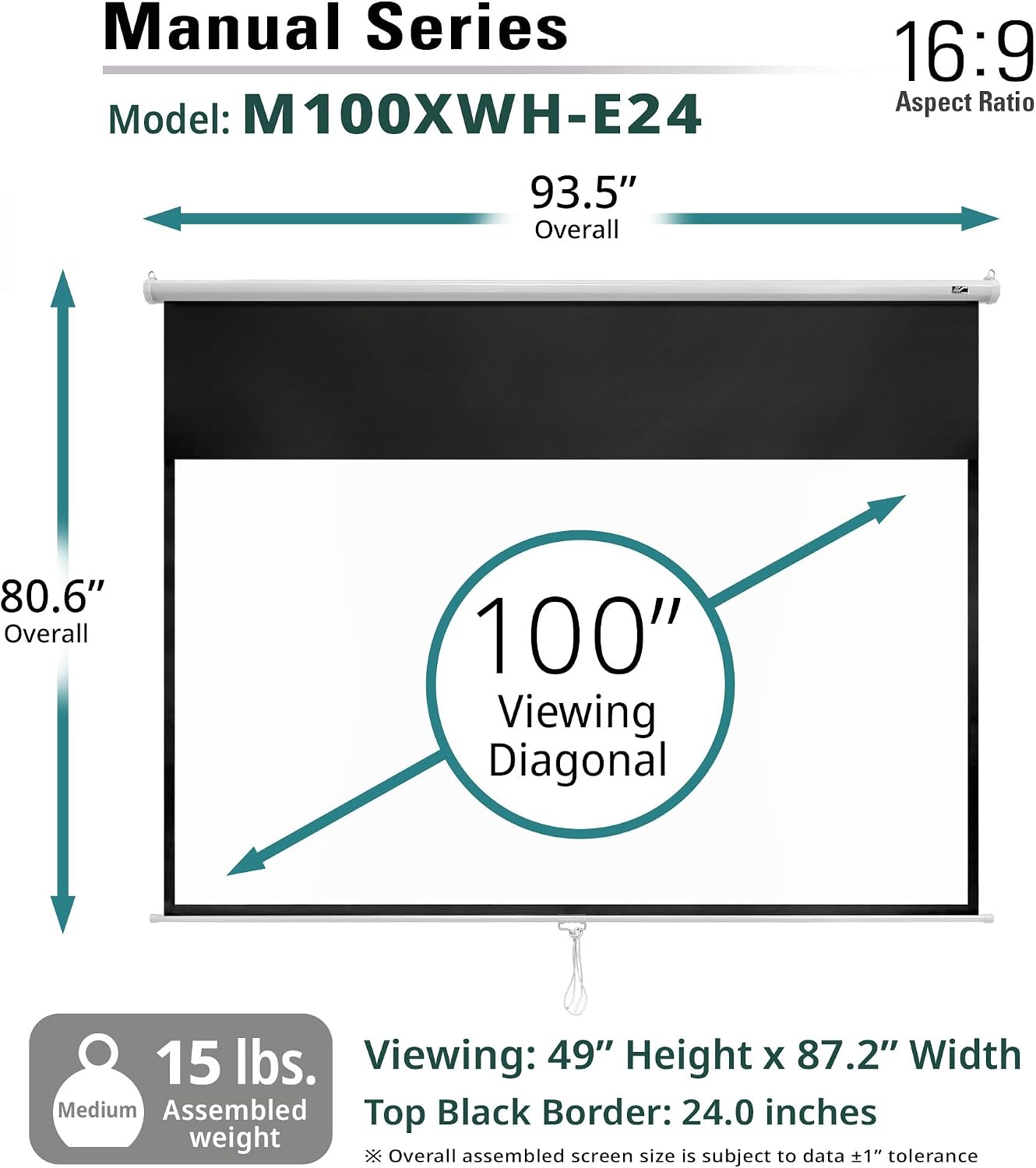 Elite Screens Manual Series, 100-INCH with 24' DROP, Pull Down Retractable Projector Screen, Movie Game Cinema, M100XWH-E24
