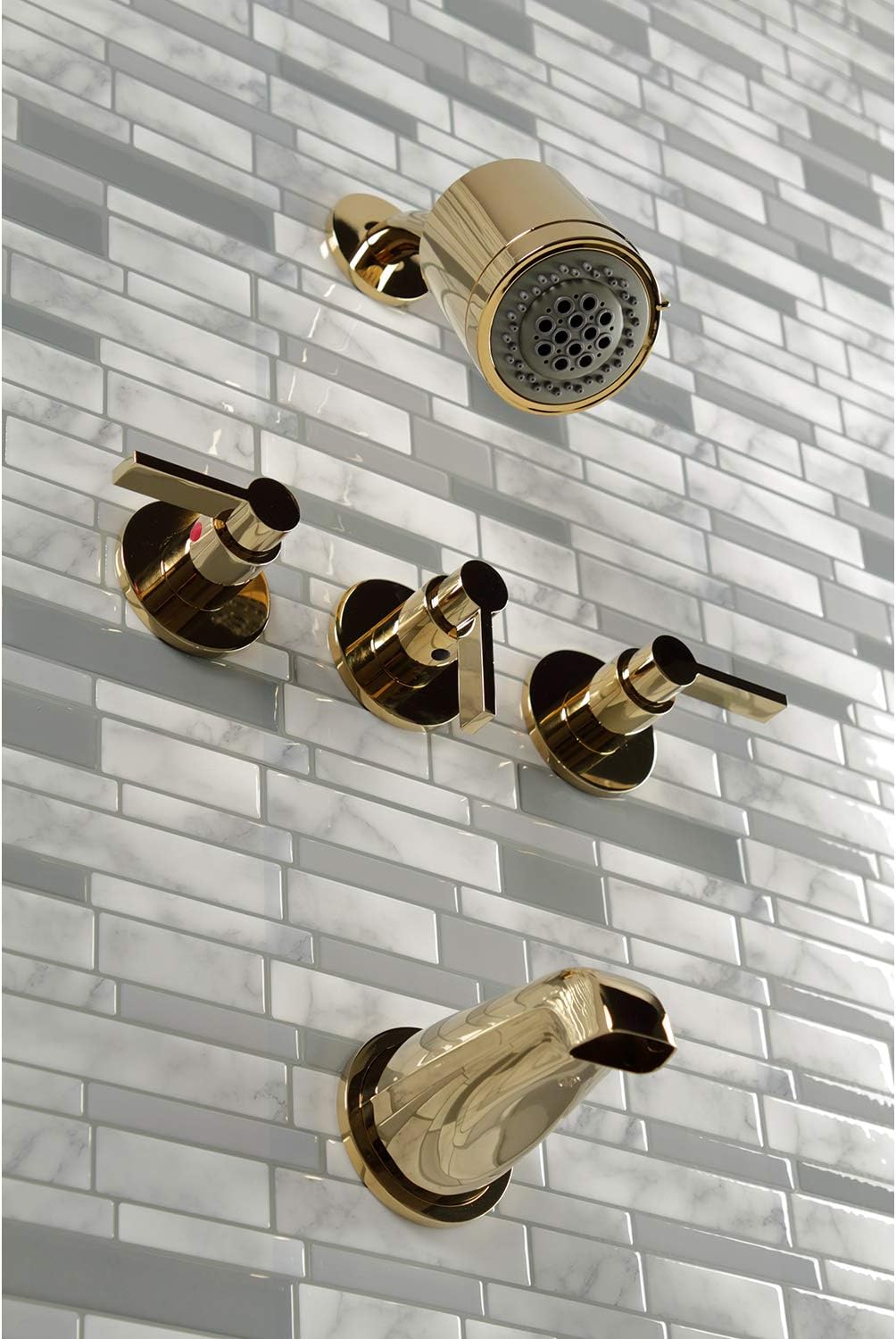 Kingston Brass KBX8132NDL NuvoFusion Triple-Handle Tub and Shower Faucet in Polished Brass
