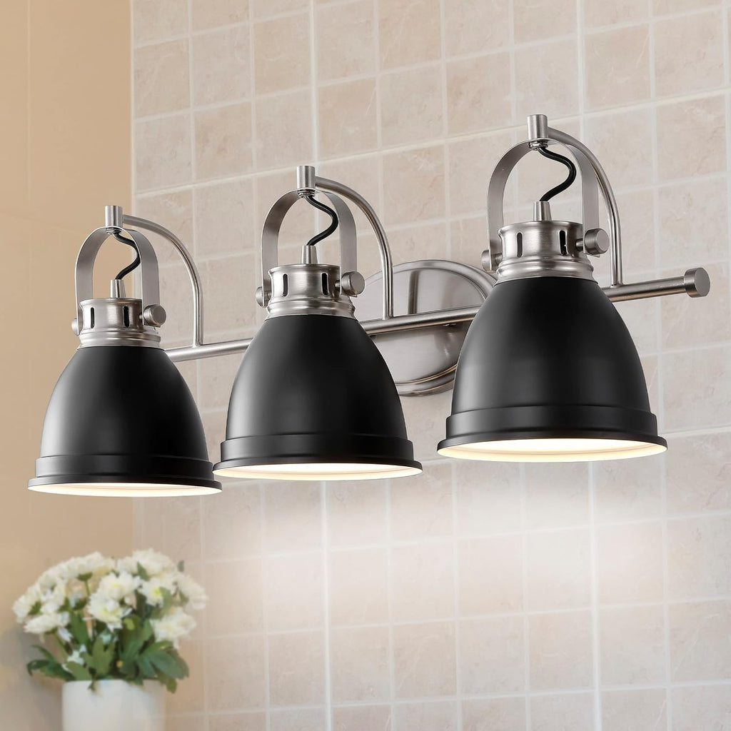 JONATHAN Y 25.5' Black/Nickel 3-Light LED Vanity Light, Adjustable Wall Sconce for Bathroom Mirror, Farmhouse Bohemian Kitchen Light, Iron Black Bell Shade (JYL1116A)