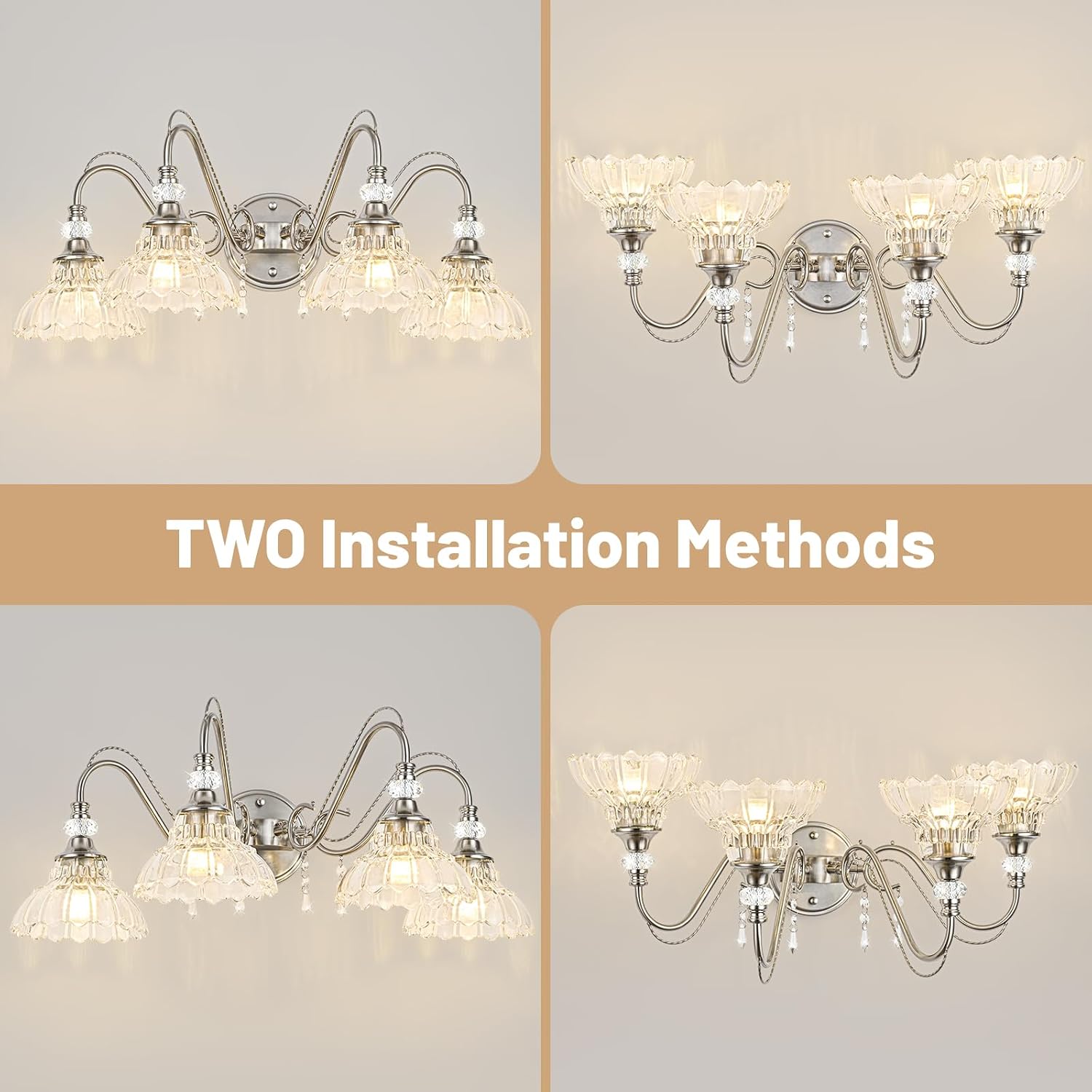 Brushed Nickel Bathroom Vanity Light, 4-Light Nickel Finish Wall Sconce with Hanging Crystal Accents and Flower-Shaped Clear Glass Shades, Modern Wall Mount Vanity Light Over Mirror for Bathroom