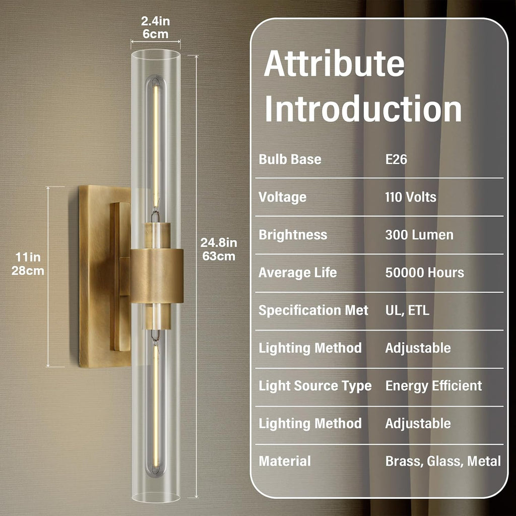 Gold Wall Sconces Set of Two, Brass 22.8' Sconces Wall Lighting,Bathroom Vanity Lights with Clear Glass Shade for Mirror, Living Room, Bedroom, Hallway, Fireplace, Staircase（Including Bulb）