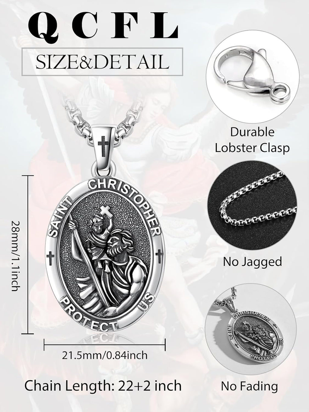 Patron Saint Medals 925 Sterling Silver Amulet Necklace Protection Jewelry for Men with 2.5mm 22'+2' Round Box Chain