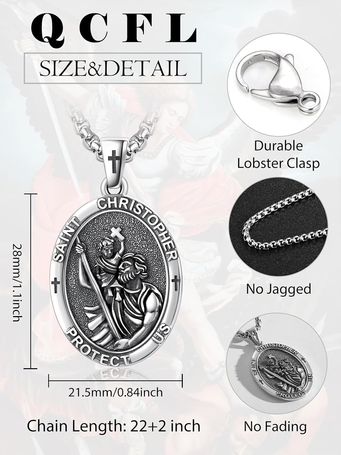 Patron Saint Medals 925 Sterling Silver Amulet Necklace Protection Jewelry for Men with 2.5mm 22'+2' Round Box Chain