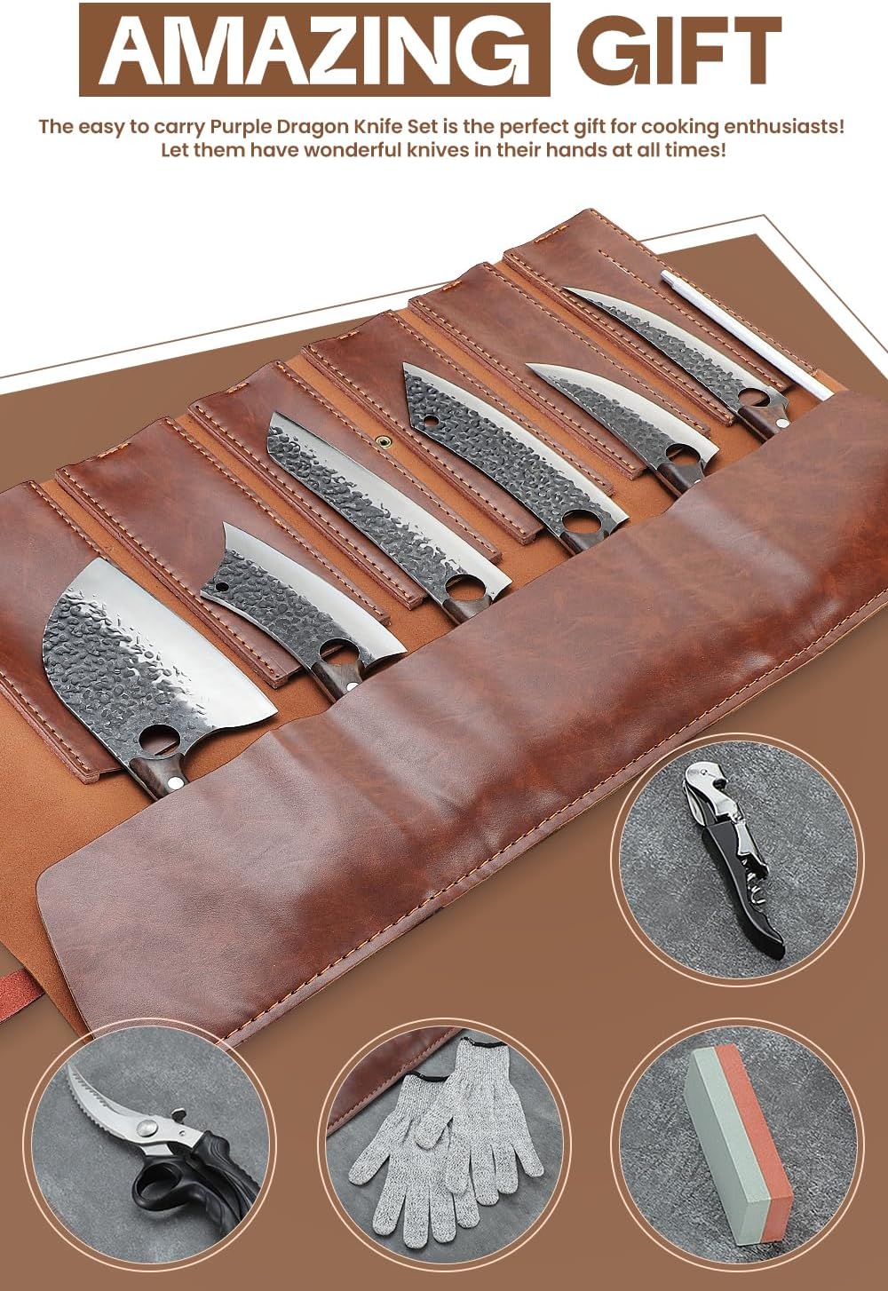 Purple Dragon Butcher Knife Set - 12 Pcs Kitchen Knife Set - Hand Forged Serbian Meat Cleaver Boning Viking Knives, Knives with Roll Bag for Home Cooking BBQ - Christmas Gift for Men and Women