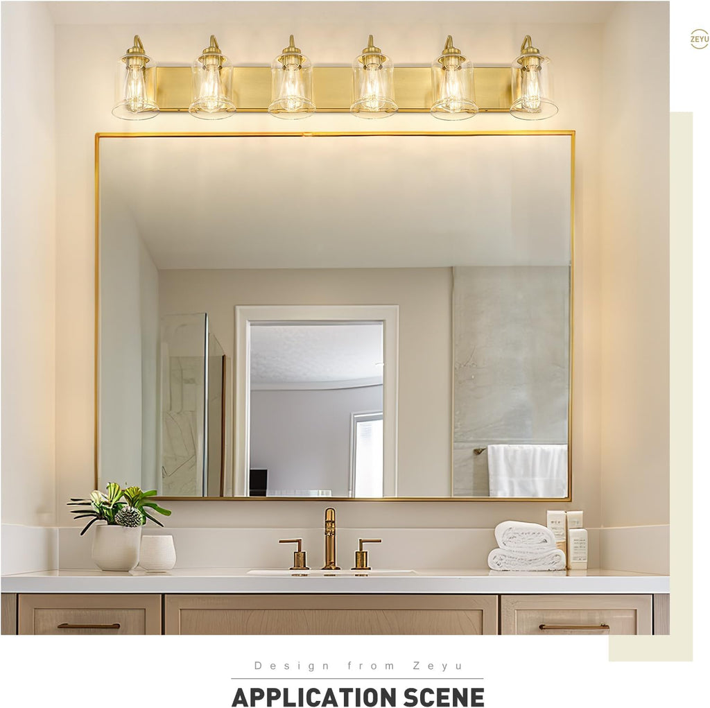 zeyu 44 Inch Brushed Gold Bathroom Light Fixtures, 6 Lights Vintage Wall Light, Modern Vanity Light with Clear Glass Shade, ZSL72B-6W BG