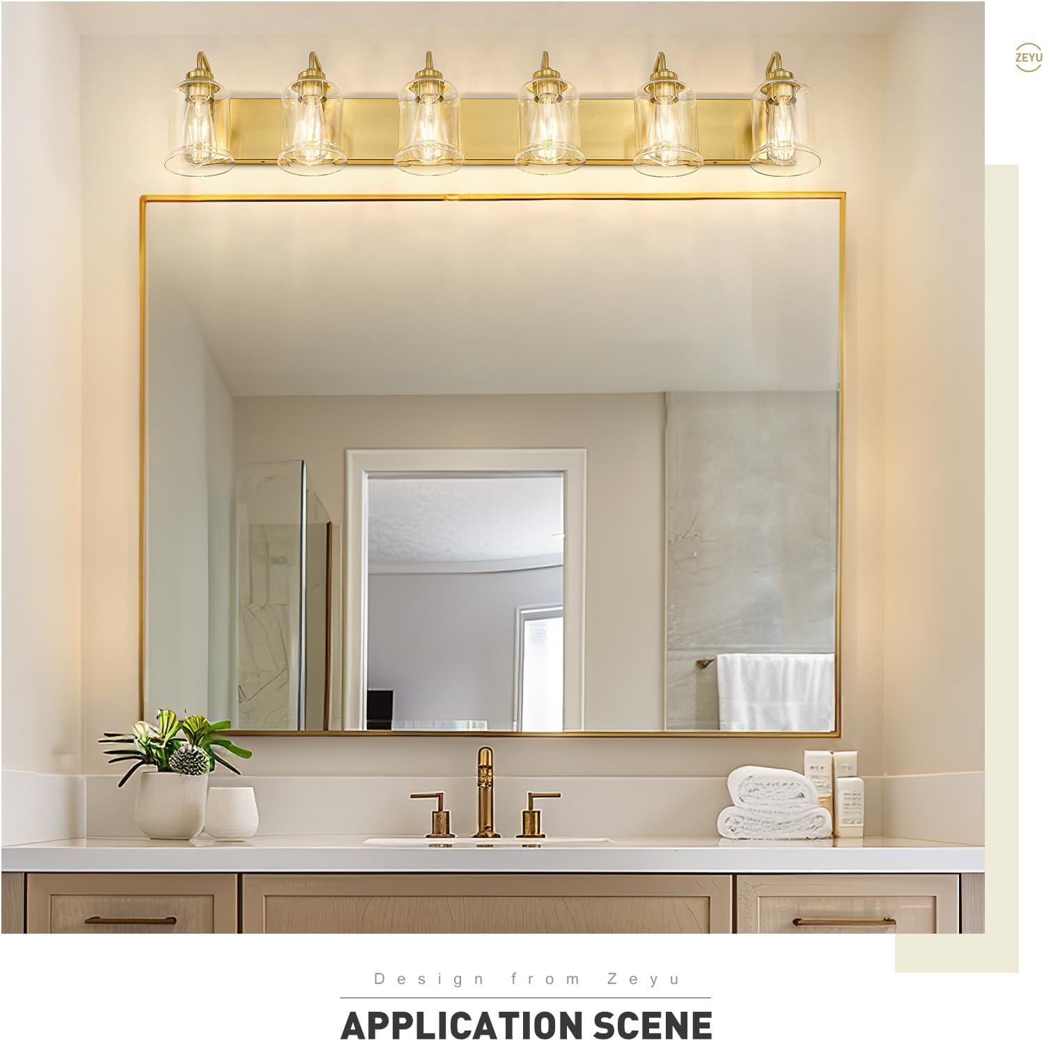 zeyu 44 Inch Brushed Gold Bathroom Light Fixtures, 6 Lights Vintage Wall Light, Modern Vanity Light with Clear Glass Shade, ZSL72B-6W BG
