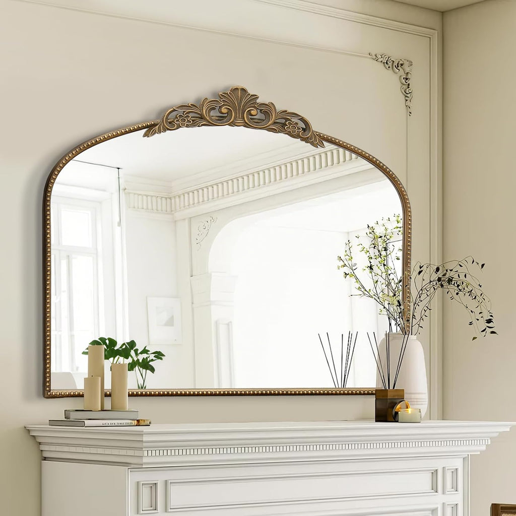 Micasso Vintage Gold Arched Mirror: 36'x29' French Baroque Antique Wall Mounted Mirror - Traditional Ornate Decorative for Wall/Fireplace/Entryway/Bathroom/Hallway - Home Decor for Living Room