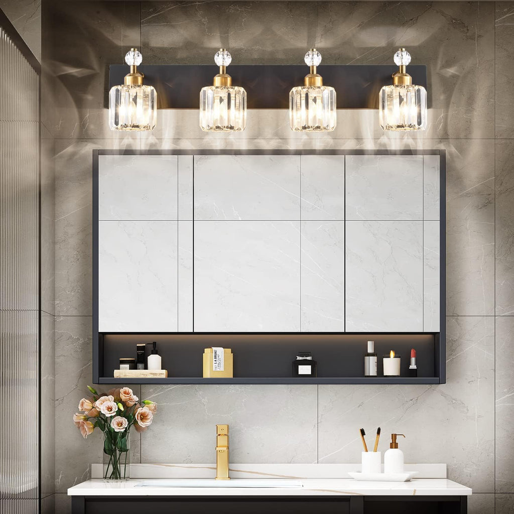 PRESDE 4-Light Crystal Bathroom Vanity Light, Modern Black and Gold Bathroom Lights Fixtures Over Mirror Modern Bath Wall Sconce
