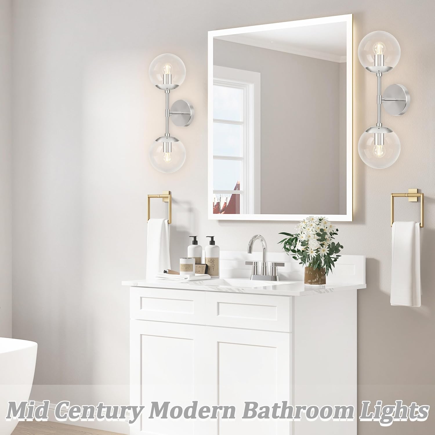 KoKo&Yukina Nickel 2 Pack Vanity Light Fixtures Mid Century Modern Bathroom Vanity Light Globe Sconce with Clear Glass for Bathroom Bedroom