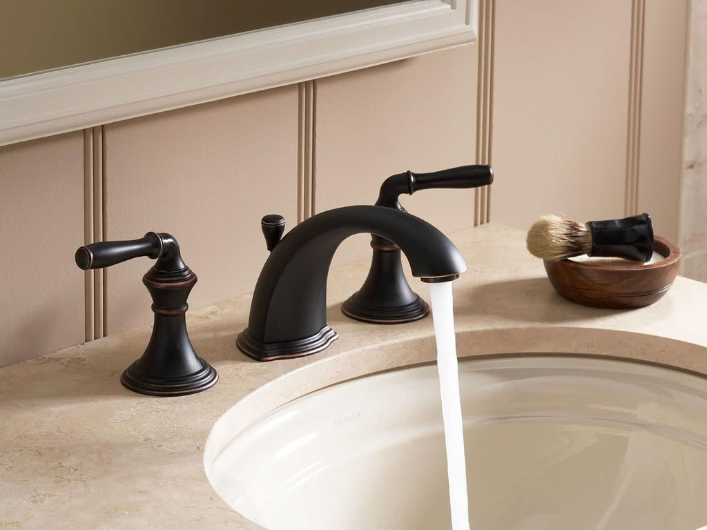 KOHLER 394-4-PB Devonshire Widespread Bathroom Faucet with Pop-Up Drain Assembly, 3-Hole 2-Handle Bathroom Sink Faucet, 1.2 gpm, Vibrant Polished Brass