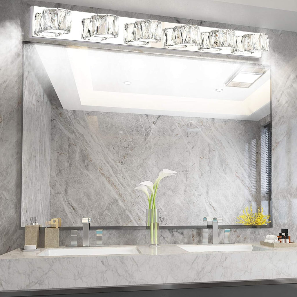 Aipsun 6 Lights 41in Crystal Vanity Lights Over Mirror Long Bathroom Lighting Fixture Modern LED Vanity Light for Bathroom,White Light 6000K