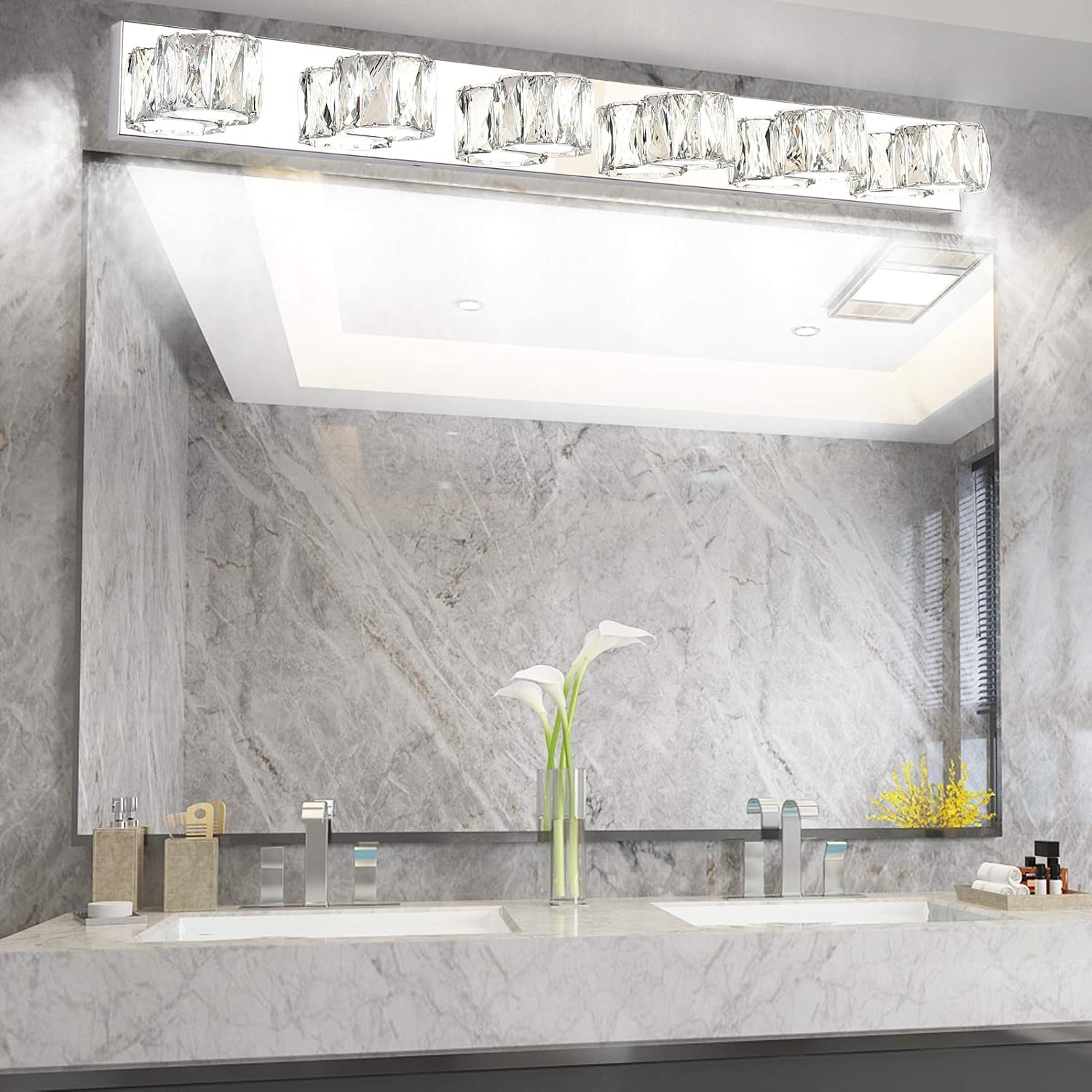 Aipsun 6 Lights 41in Crystal Vanity Lights Over Mirror Long Bathroom Lighting Fixture Modern LED Vanity Light for Bathroom,White Light 6000K