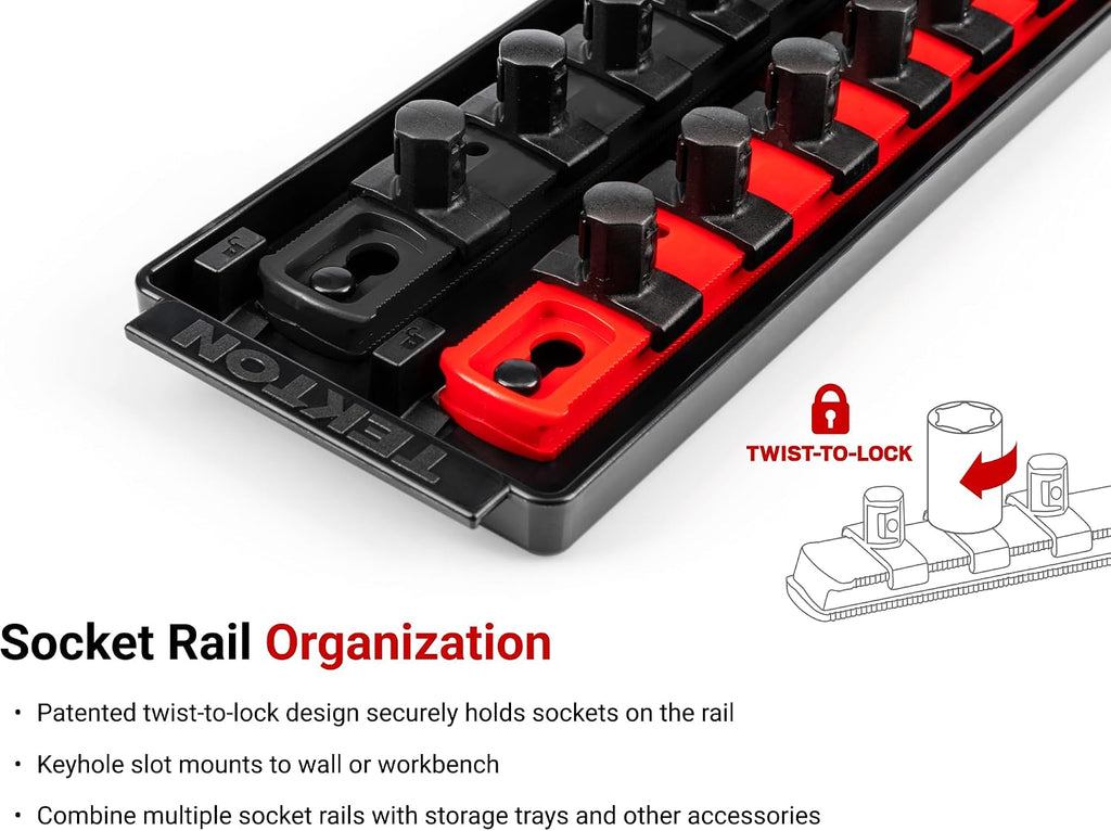 TEKTON 1/2 Inch Drive Shallow 12-Point Socket Set with Rails and Tray, 29-Piece (10-38 mm) | SHD92128
