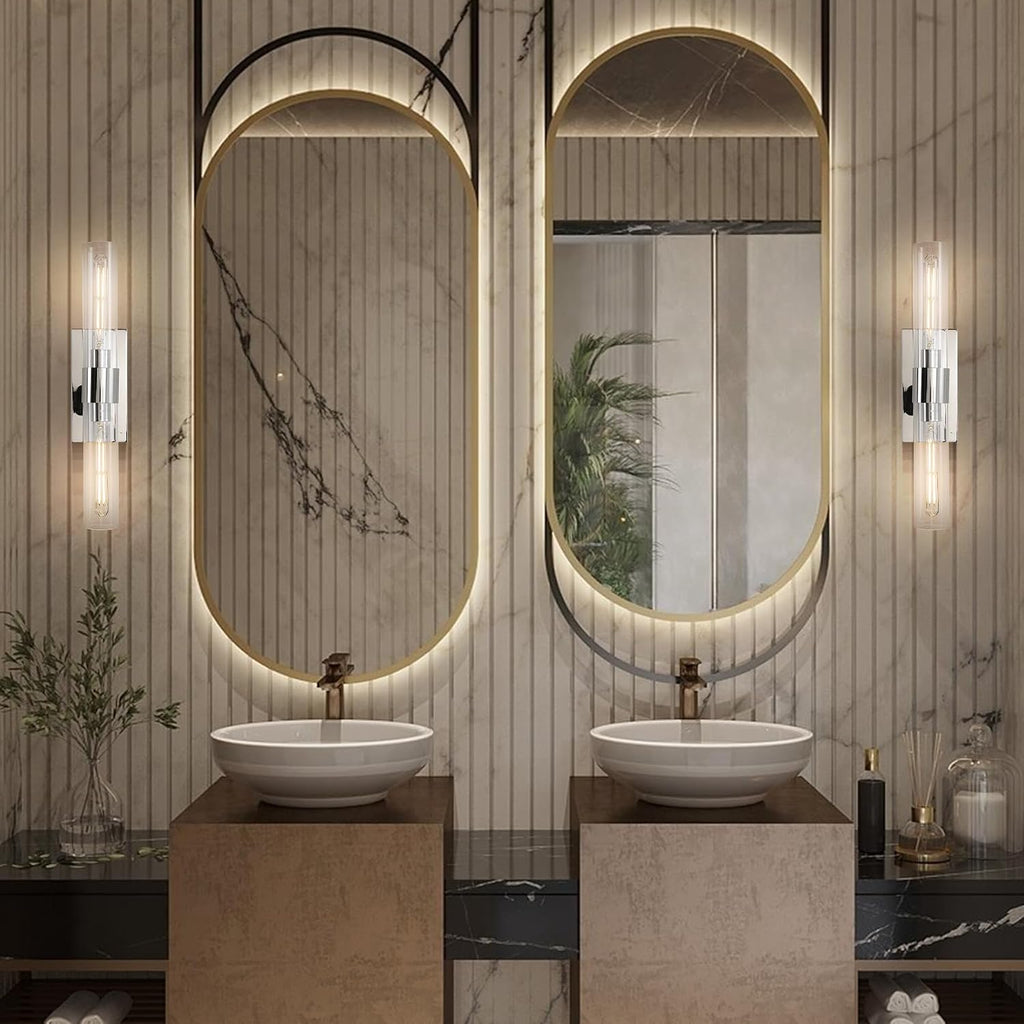 Nickel Wall Sconces Set of Two, Brass 22.8' Sconces Wall Lighting,Bathroom Vanity Lights with Clear Glass Shade for Mirror, Living Room, Bedroom, Hallway, Fireplace, Staircas（Including Bulb）