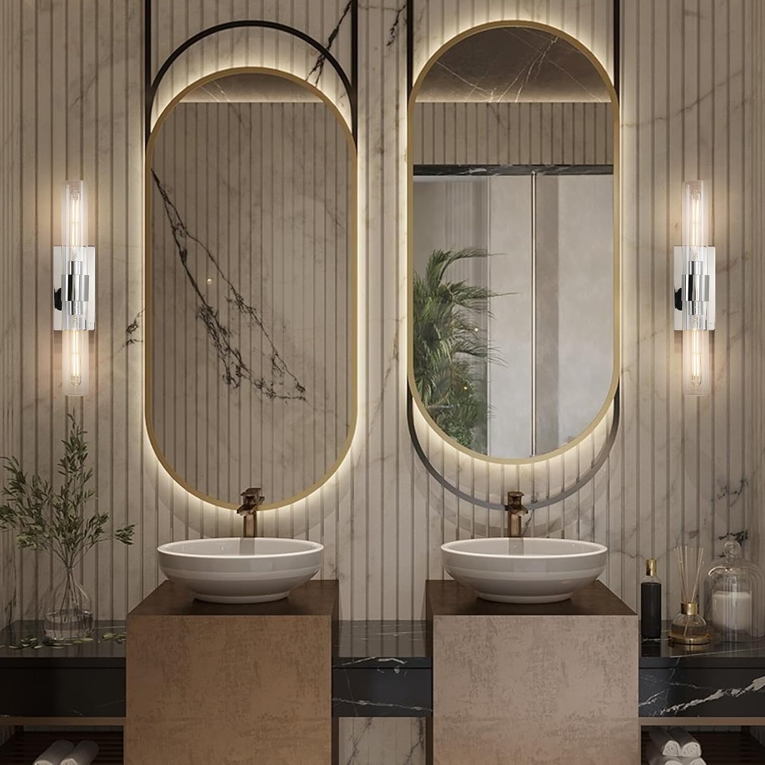 Nickel Wall Sconces Set of Two, Brass 22.8' Sconces Wall Lighting,Bathroom Vanity Lights with Clear Glass Shade for Mirror, Living Room, Bedroom, Hallway, Fireplace, Staircas（Including Bulb）
