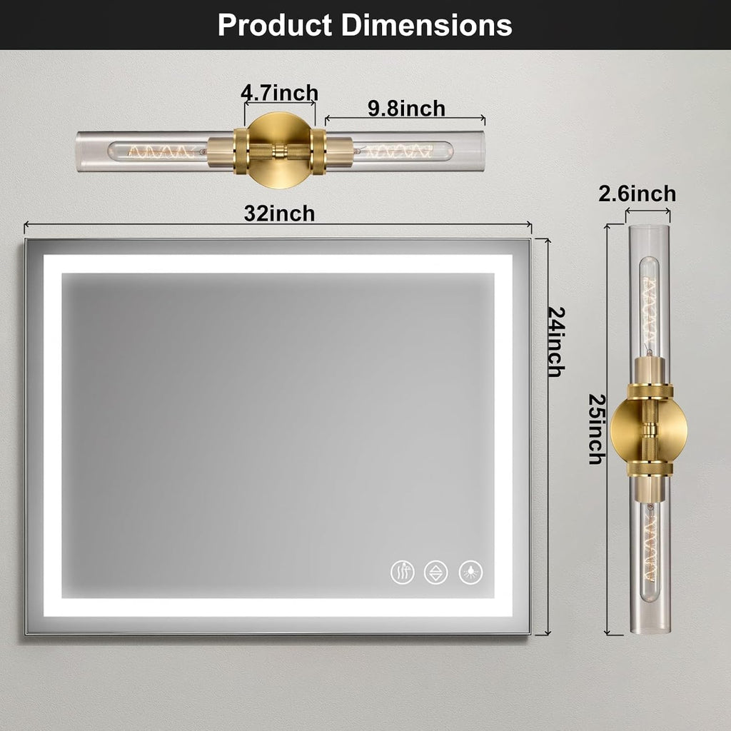 2-Pack Bathroom Vanity Light Fixtures – Modern 2-Light Gold Wall Sconces with Knurled Texture, Clear Glass Shades, Horizontal or Vertical Hardwired Mount, Bathroom Lighting Fixtures Over Mirror
