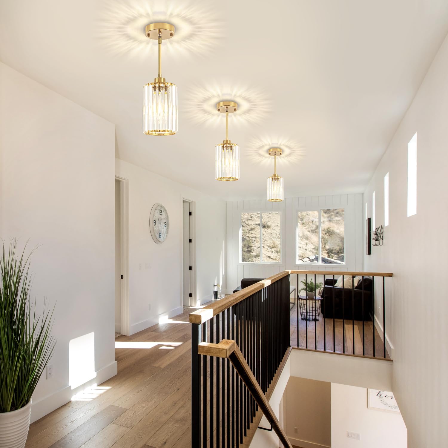 3 Pack Brushed Brass Pendant Lights Kitchen Island, Crystal Pendant Lighting Over Island Hanging Kitchen Lighting Fixtures Hallway Ceiling Lights Modern Pendant Light for Dining Room Bathroom Foyer