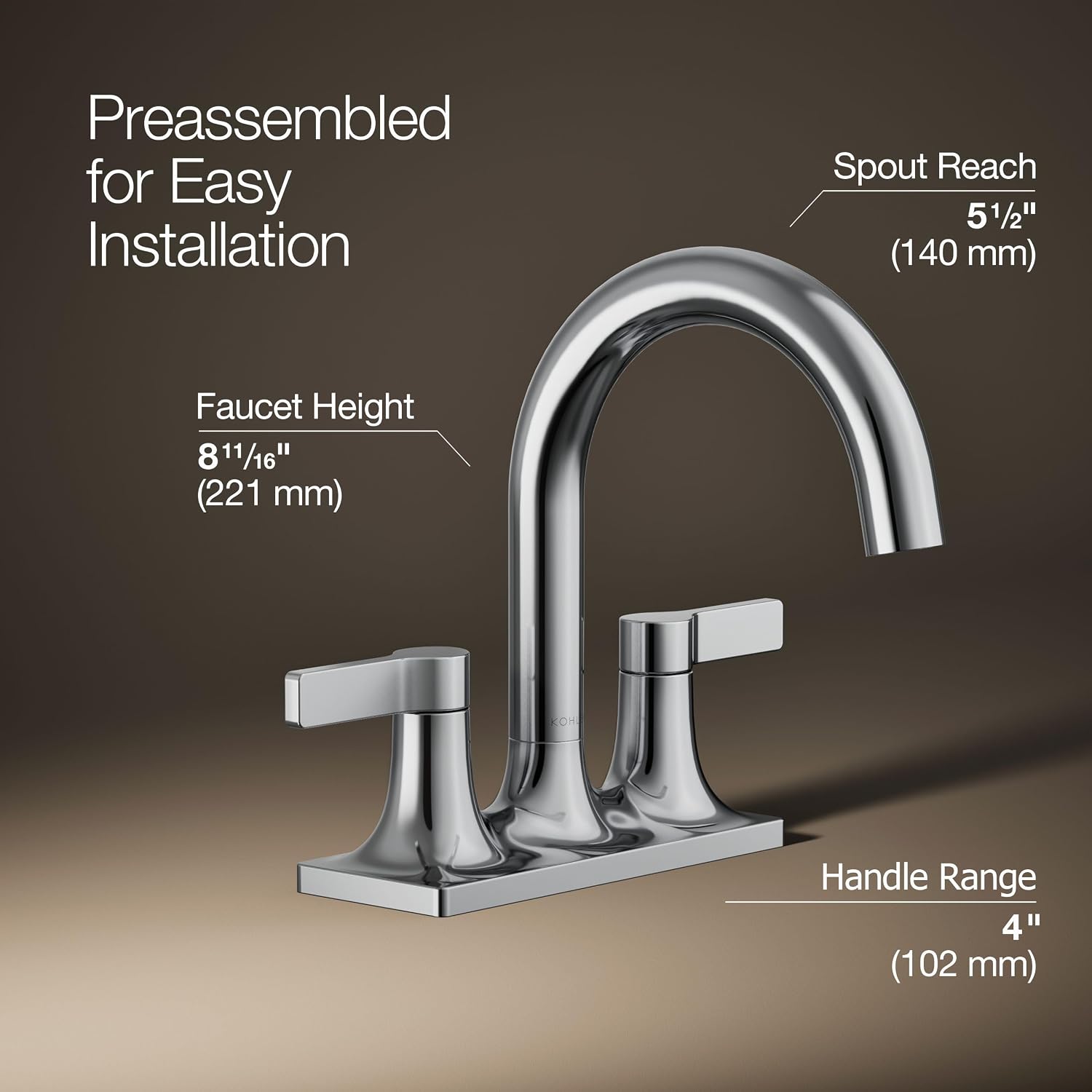 KOHLER K-28124-4-CP Venza® Centerset Bathroom Sink Faucet, 3-Hole, 1.2 GPM, Easy Installation, Corrosion Resistant, Polished Chrome