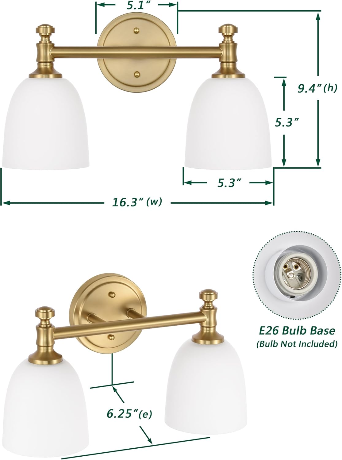 Gold Bathroom Vanity Light Fixtures, 2-Light Over Mirror, Traditional Vanity Lights for Living Room, Milk White Glass Shades, Standard E26 Base, Aged Brass, 16.3' W x 9.4' H x 6.25' D