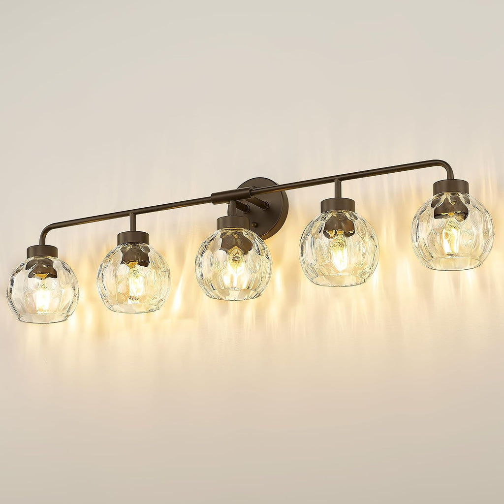 zeyu 38.5 Inch Farmhouse Bathroom Lighting Fixture, 5-Light Bathroom Vanity Light, Oil Rubbed Bronze Finish with Water Ripple Globe Glass, ZS62BG-5W ORB-WG