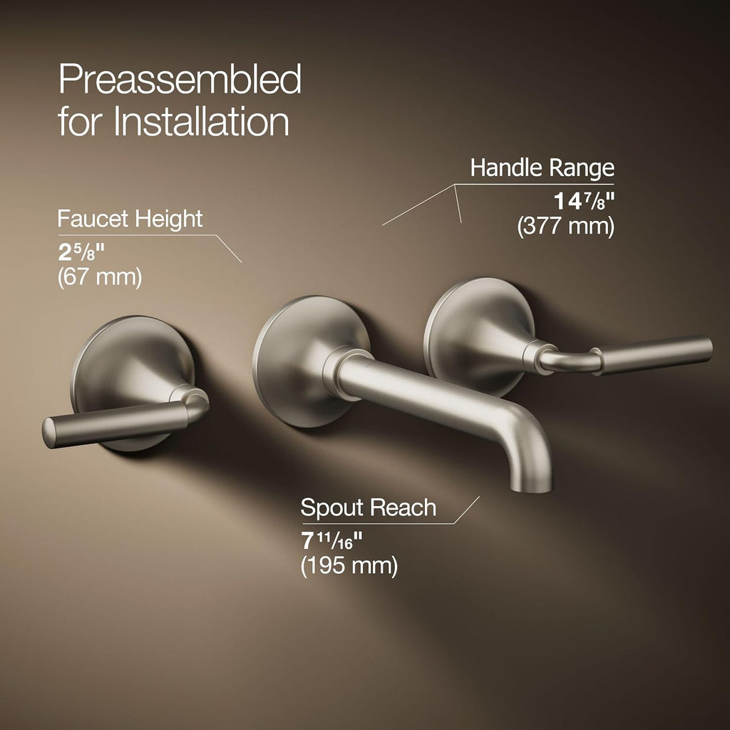 Kohler T26439-4-BN Tone Wall-Mount Bathroom Sink Faucet Set, Bathroom Faucet with Two Lever Handles, Vibrant Brushed Nickel