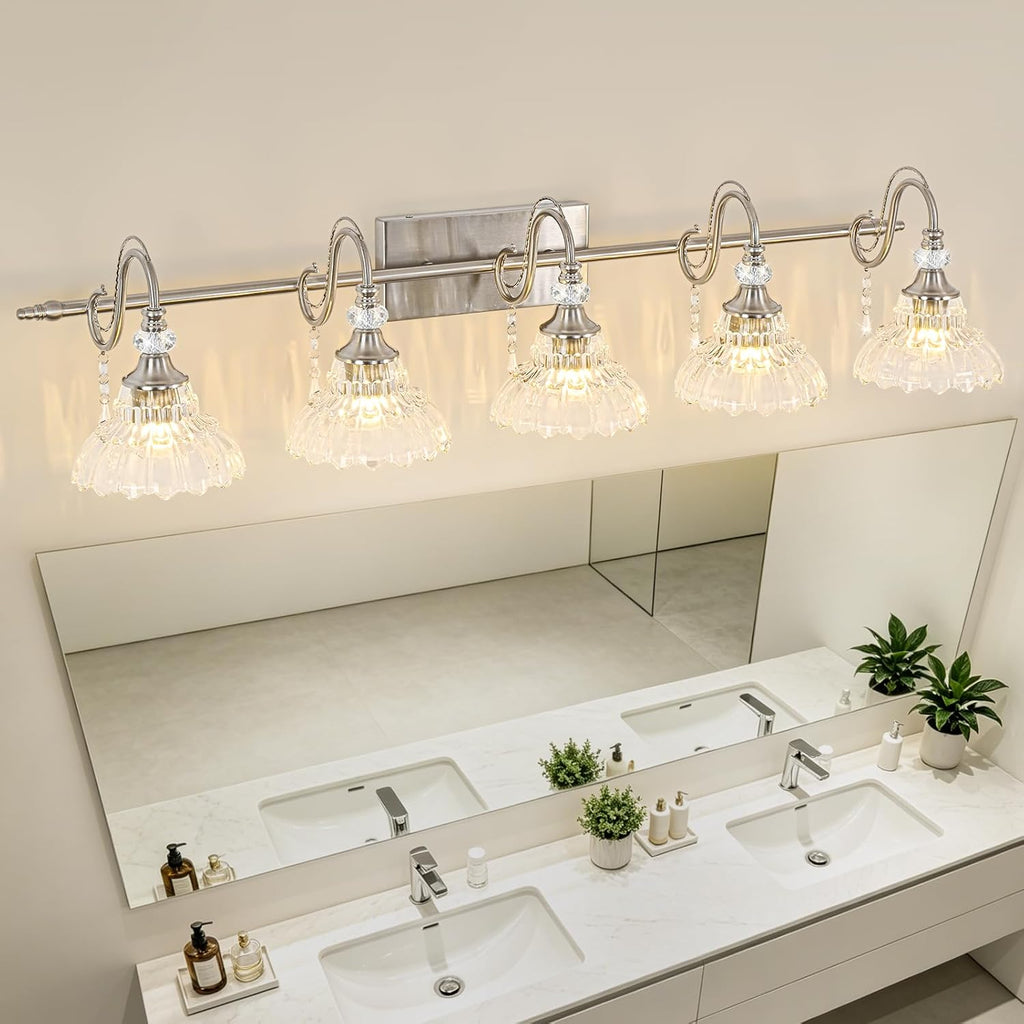 Brushed Nickel Bathroom Vanity Light, 5-Light Nickel Finish Wall Sconce with Hanging Crystal Accents and Flower-Shaped Clear Glass Shades, Modern Wall Mount Vanity Light Over Mirror for Bathroom