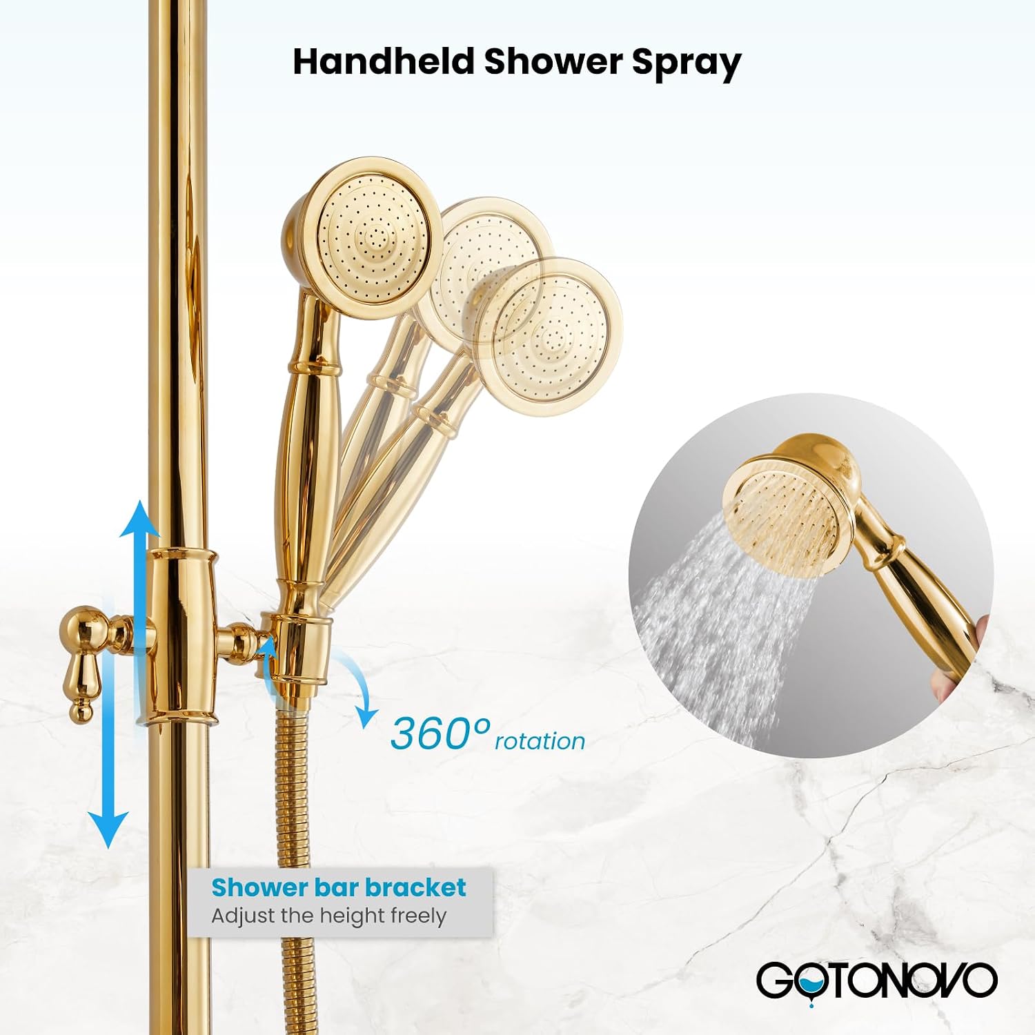 gotonovo Exposed Bathroom Shower Faucet Set Shower Fixture 8 Inch Rainfall Shower Head Handheld Shower Cross Handle Wall Mount 2 Functions Polished Gold